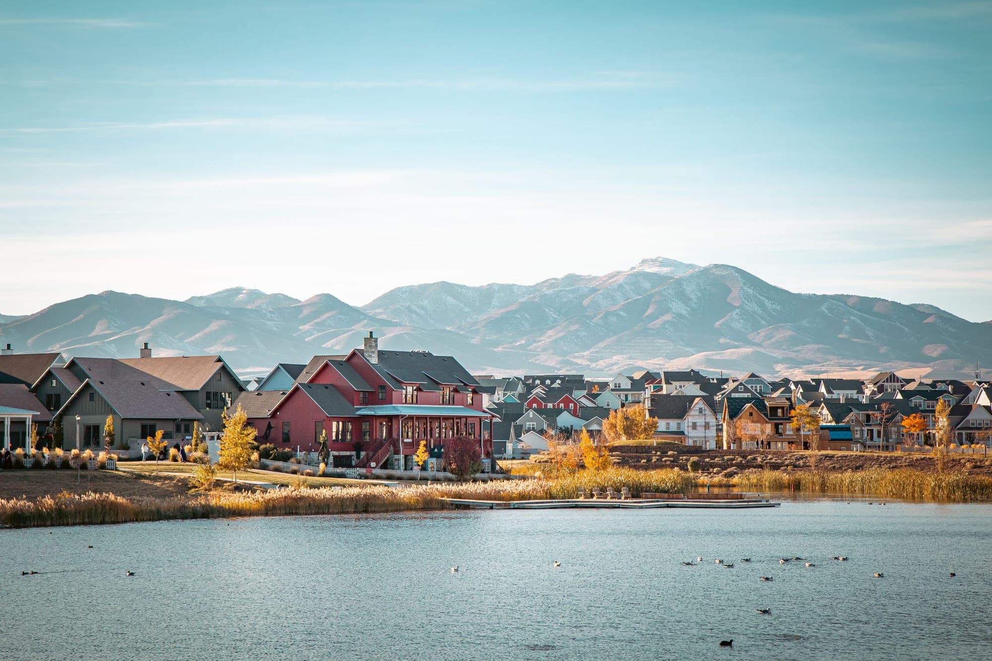 A lakeside neighborhood below the Wasatch mountains